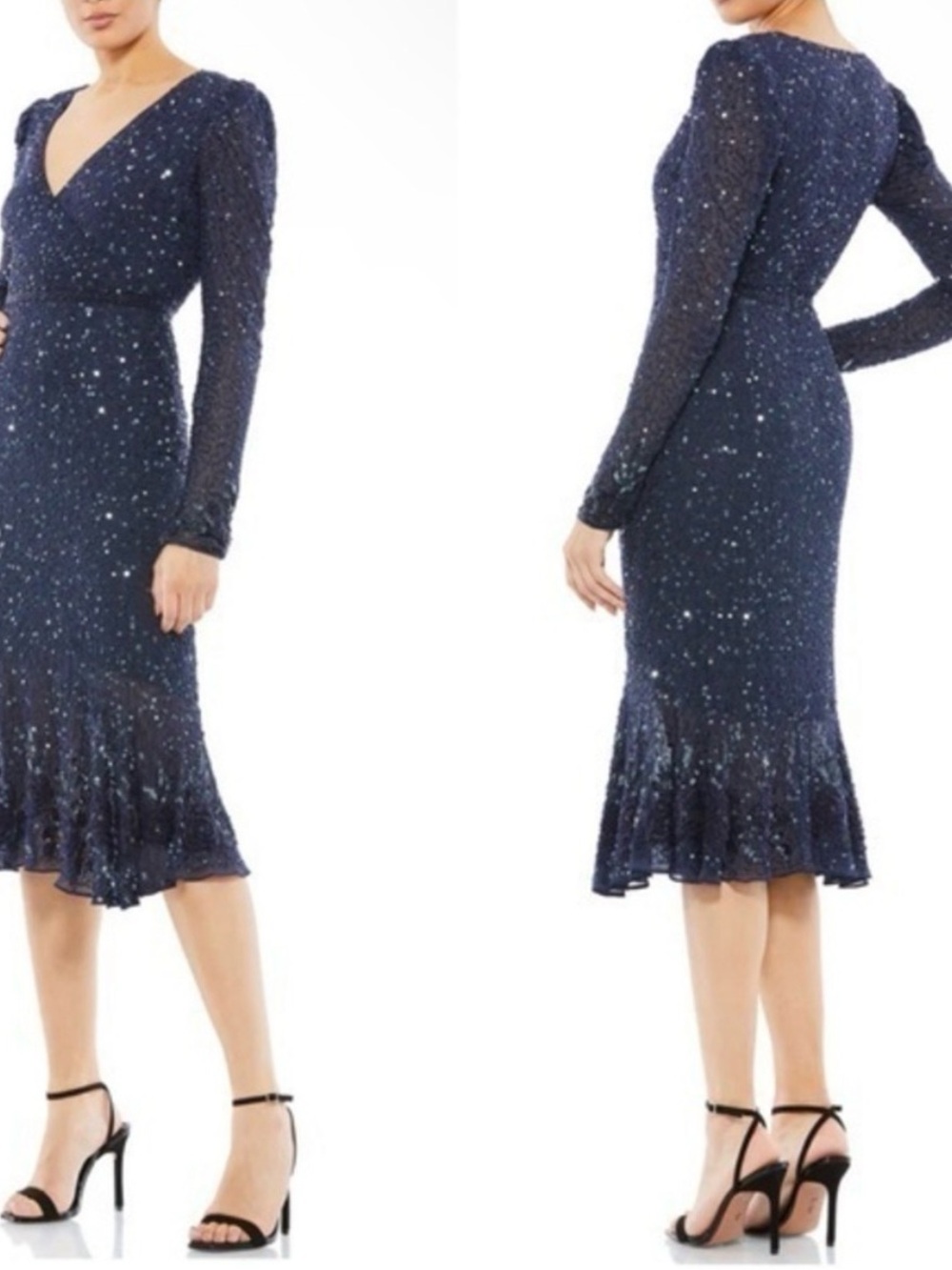 NWT-Mac Duggal 10704 size 14 Midnight Navy Sequin V-Neck Long Sleeve Midi Dress